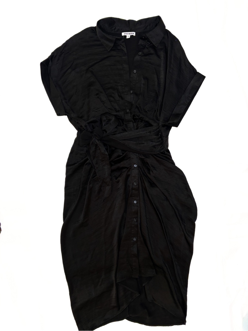Steve Madden Black Satin Button-Down Tie-Waist Midi Dress